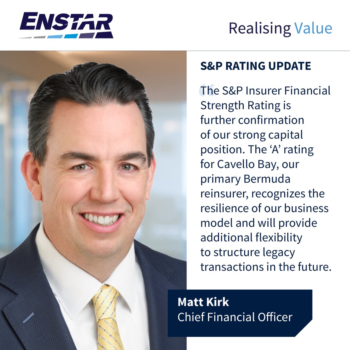 Enstar is pleased to share that @enstargroup's primary Bermuda reinsurer, Cavello Bay has been assigned an @SPGlobalRatings Insurer Financial Strength Rating of ‘A’ with stable outlook. investor.enstargroup.com/news-releases/… #legacy #reinsurance #capitalsolutions #insurance #runoff