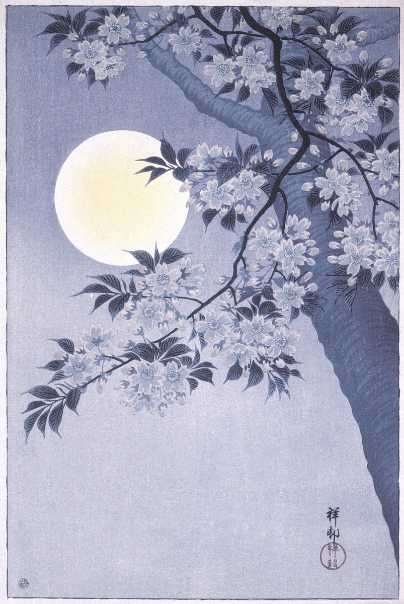 Blossoming Cherry on a Moonlit Night, by Ohara Koson, ca. 1932 #shinhanga