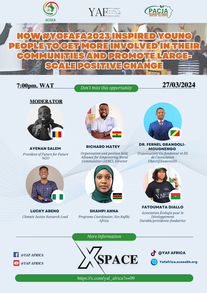 Join us this Wednesday, March 27, 2024 at 7:00 PM West Africa Time. Come discover inspiring stories and innovative ideas from alumni and discuss the future of youth engagement. Don't miss this opportunity to connect and be inspired! Link: x.com/i/spaces/1ynxa… #Yofafa2024