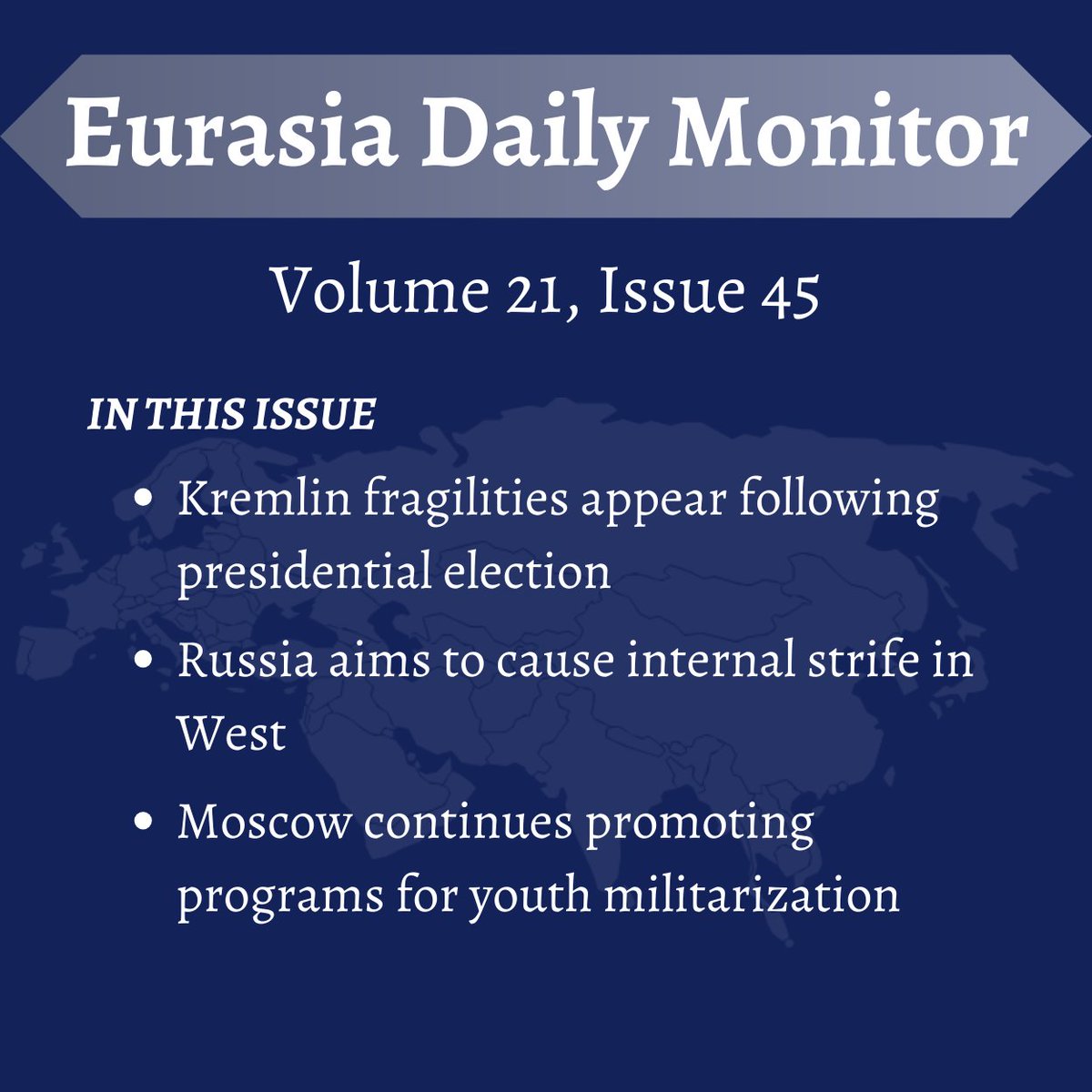 Eurasia Daily Monitor @EDMJamestown Volume 21, Issue 45 Monday, March 25, 2024 Including articles from: Pavel K. Baev Ksenia Kirillova (@KirkseniyaSF) Richard Arnold Read whole issue here: mailchi.mp/jamestown/eura…