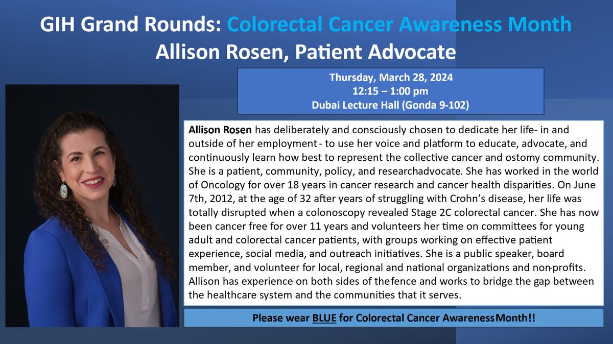 🌟 Excited to Welcome @ARosen380 to @MayoClinicGIHep's Grand Rounds for #CRCAwareness Month! 🧠 Gain insights from a researcher, a leader & a survivor 💬 Join the conversation on #colorectalcancer Can't wait to learn & be inspired! @MayoClinic @MayoCancerCare #CancerSurvivorship