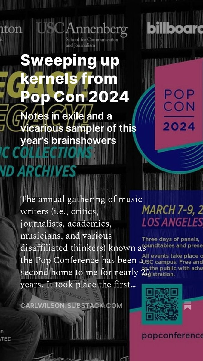 Today in 'Crritic!': Having missed this year's Pop Conference, I simulate a day of it by rounding up talks posted online by @rxgau, @polishedsolid, @NedRaggett, @matoswk75, @SotoAlfred, and @glenn_mcdonald. carlwilson.substack.com/p/sweeping-up-…