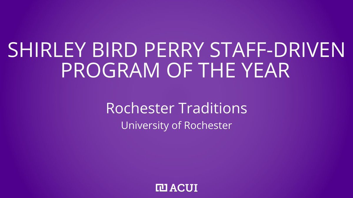 ACUItweets's tweet photo. Congratulations to Shirley Bird Perry Staff-Driven Program of the Year award winner University of Rochester! #ACUI24 https://t.co/jI12cxpfSG