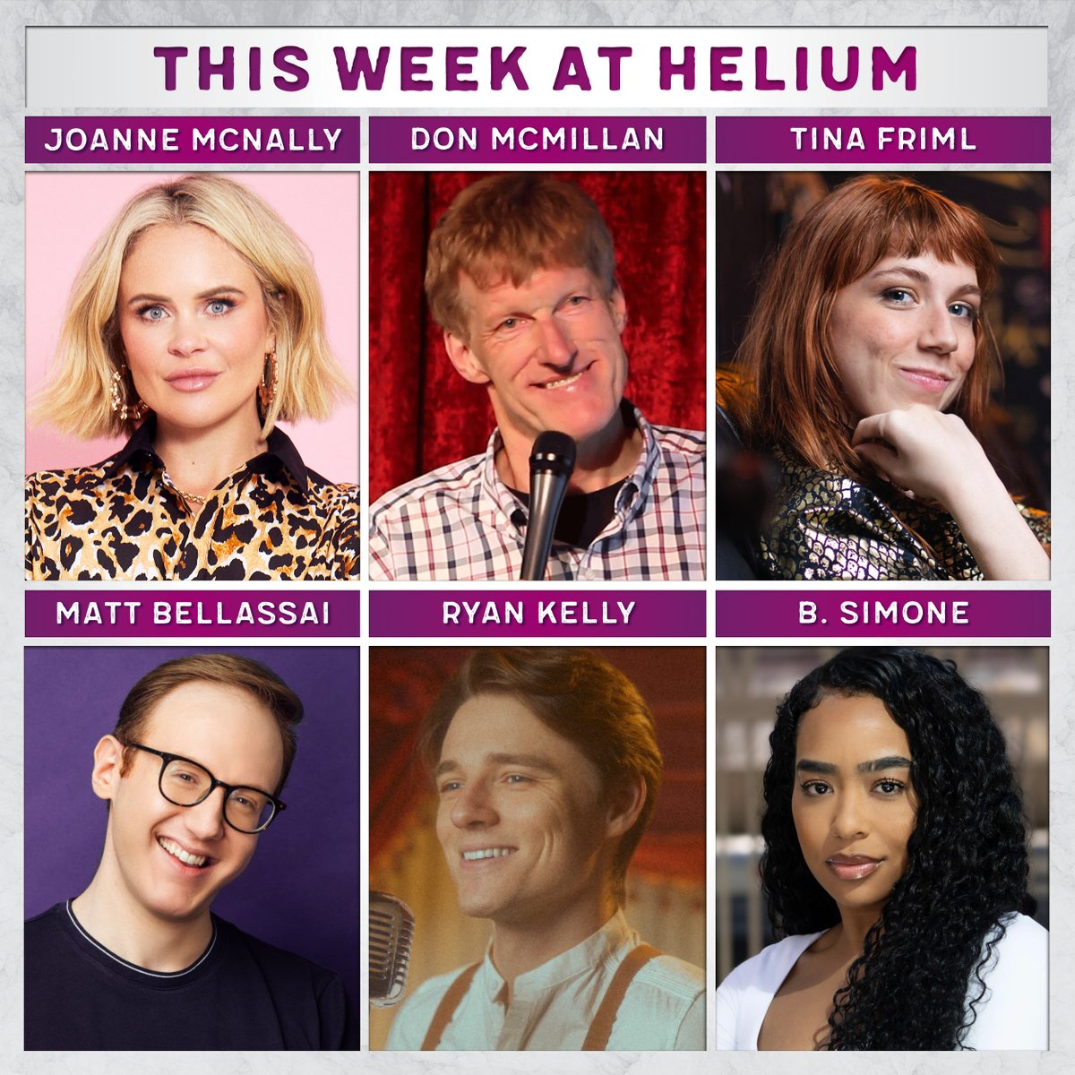 This Week at Helium | @jomcnally, @donmcmillan, Tina Friml, @MattBellassai, Ryan Kelly, + @TheBSimone headlines the weekend! Get tickets now: bit.ly/3ZQ5OiE