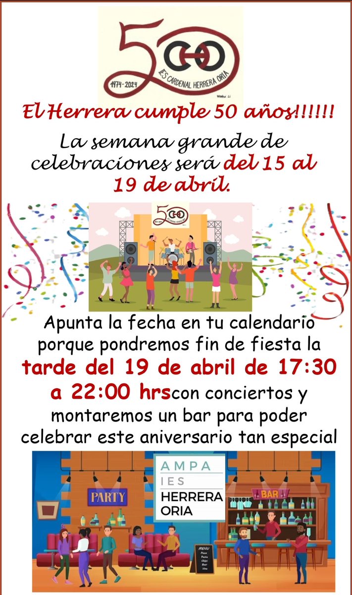 Ya está aquí la fiesta para celebrar los 50 años que cumple el <a href="/IESCHerreraOria/">I.E.S. Cardenal Herrera Oria</a> vente el viernes si eres antigu@ alumn@, alumn@ o familia, te esperamos en el bar.