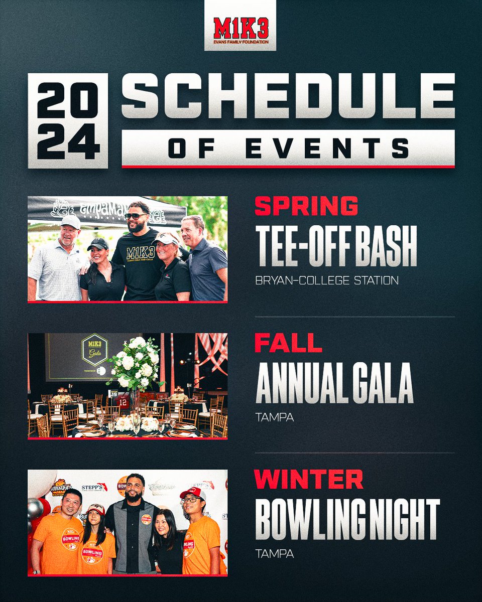 2024 events are locked in 🔐 While we're going to miss seeing everyone at our Annual Mike Evans Family Foundation Golf Outing in Tampa, there are plenty of other ways to come out and support us this year. Which event will you be attending? 👀 @MikeEvans13_ @ashlievans213