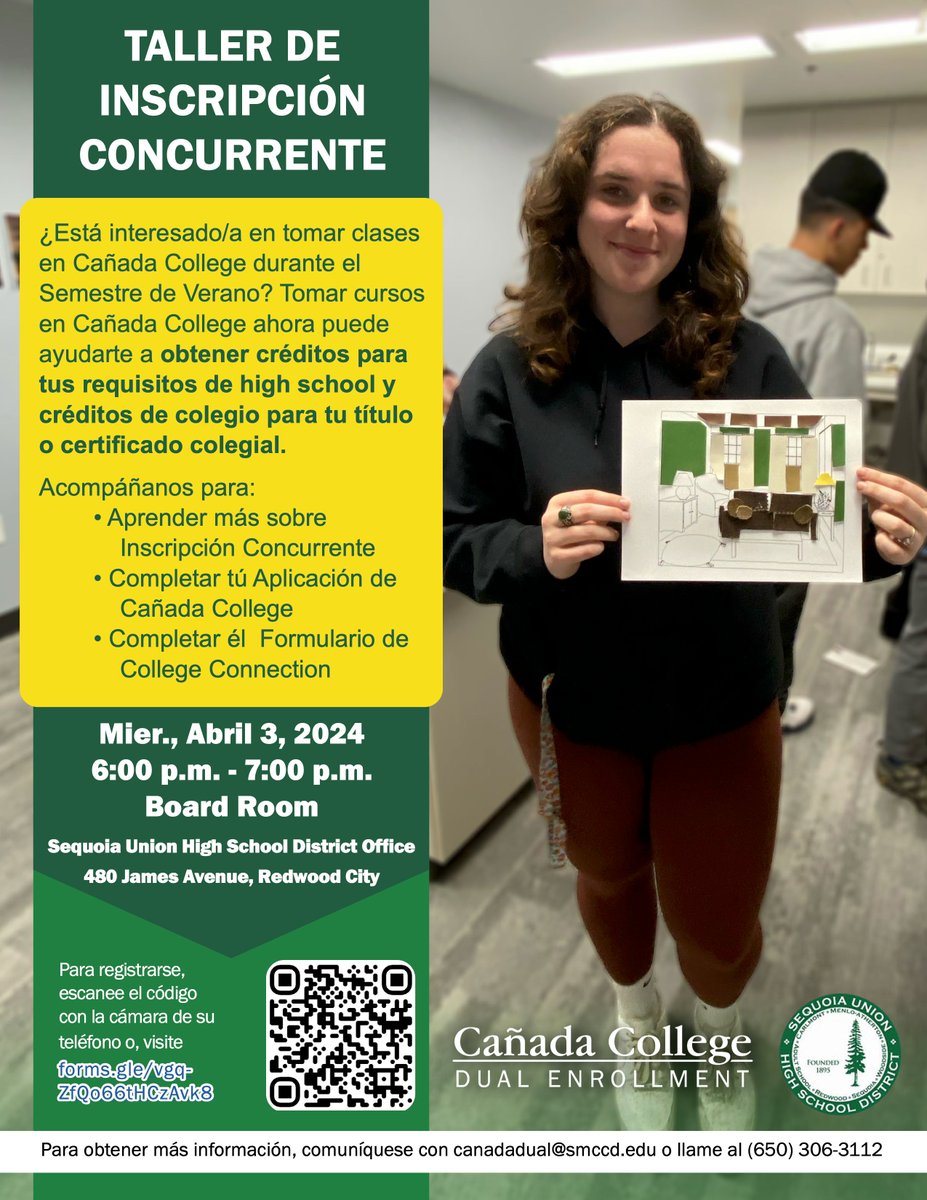 ¡Obtenga información sobre cómo tomar cursos de verano en @CanadaCollege en nuestra sesión informativa de inscripción simultánea el próximo miércoles 3 de abril de 6:00 a 7:00 p. m.! Registra: forms.gle/Lk2P17tswU2SbJ… #SomosSUHSD