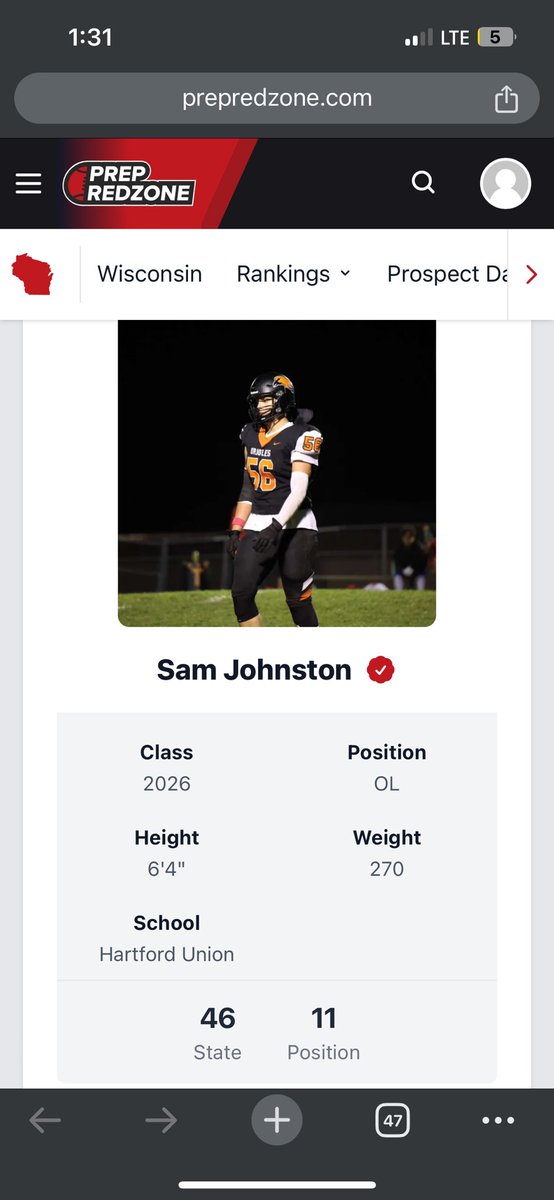 Grateful to be ranked 46th overall and 11th at my position in the state of Wisconsin. Just the beginning. @PrepRedzone @PrepRedzoneWI @MJ_NFLDraft @OLMafia @HUHS_Football @trenchtraining