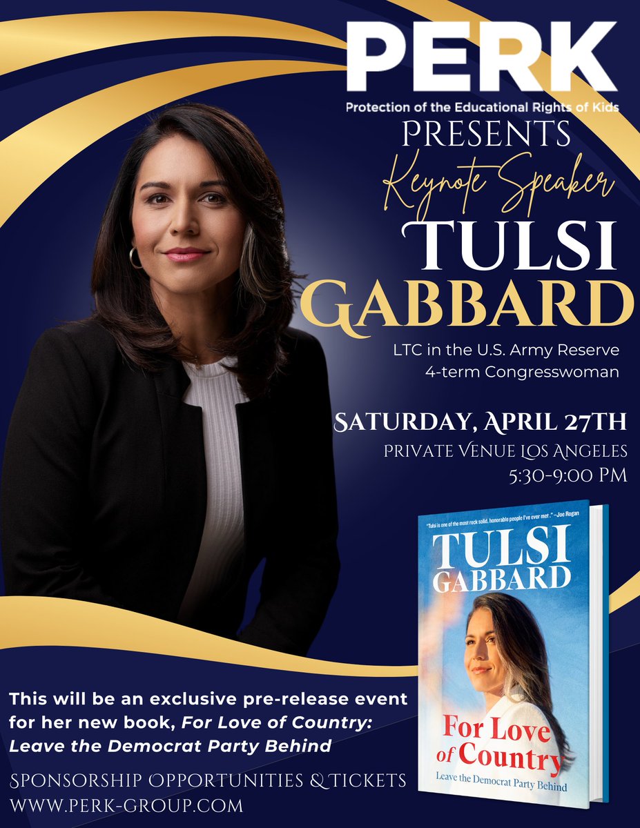 PERK_GROUP's tweet photo. Join PERK for an exclusive pre-release event for Tulsi Gabbard's new book, For Love of Country: Leave the Democrat Party Behind. 

PERK is honored to welcome Tulsi as our Keynote Speaker on Saturday, April 27 at 5:30pm at a private venue in Los Angeles to discuss her new book.  

All guests who purchase tickets will receive a free copy of the book before it’s released on April 30.  

 VIP tickets are limited and will include a meet and greet with Tulsi and photo opportunity.  For more information and to view tickets & sponsorship opportunities go to: https://t.co/N9aXkryFRR #PerkTulsiEvent

@TulsiGabbard 
#Veteran #California #LosAngeles @danawhite @rustyrockets @RobertKennedyJr #UFC