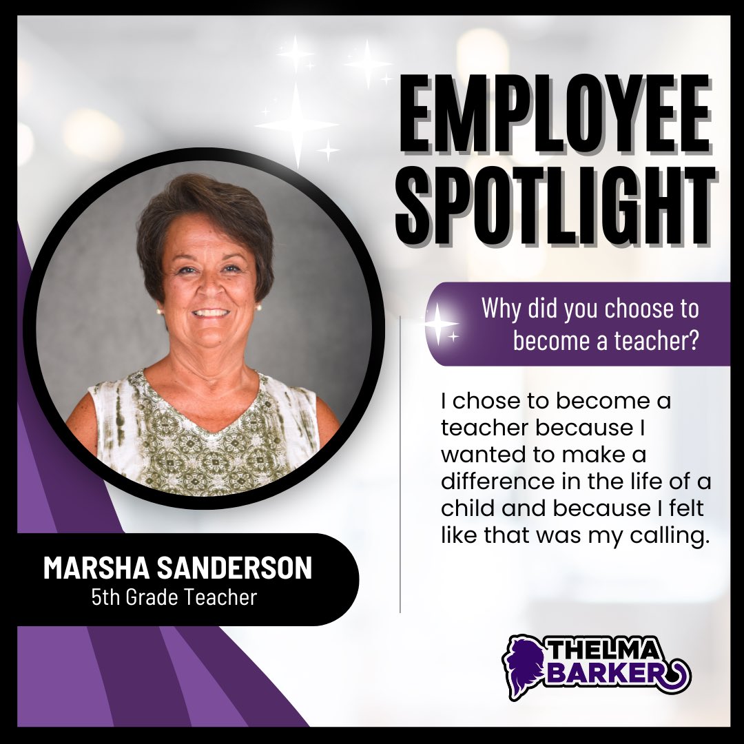 Our next employee spotlight goes to the awesome Ms. Sanderson! We love you, Ms. Sanderson! ✨💜 #BarkerAwesome
