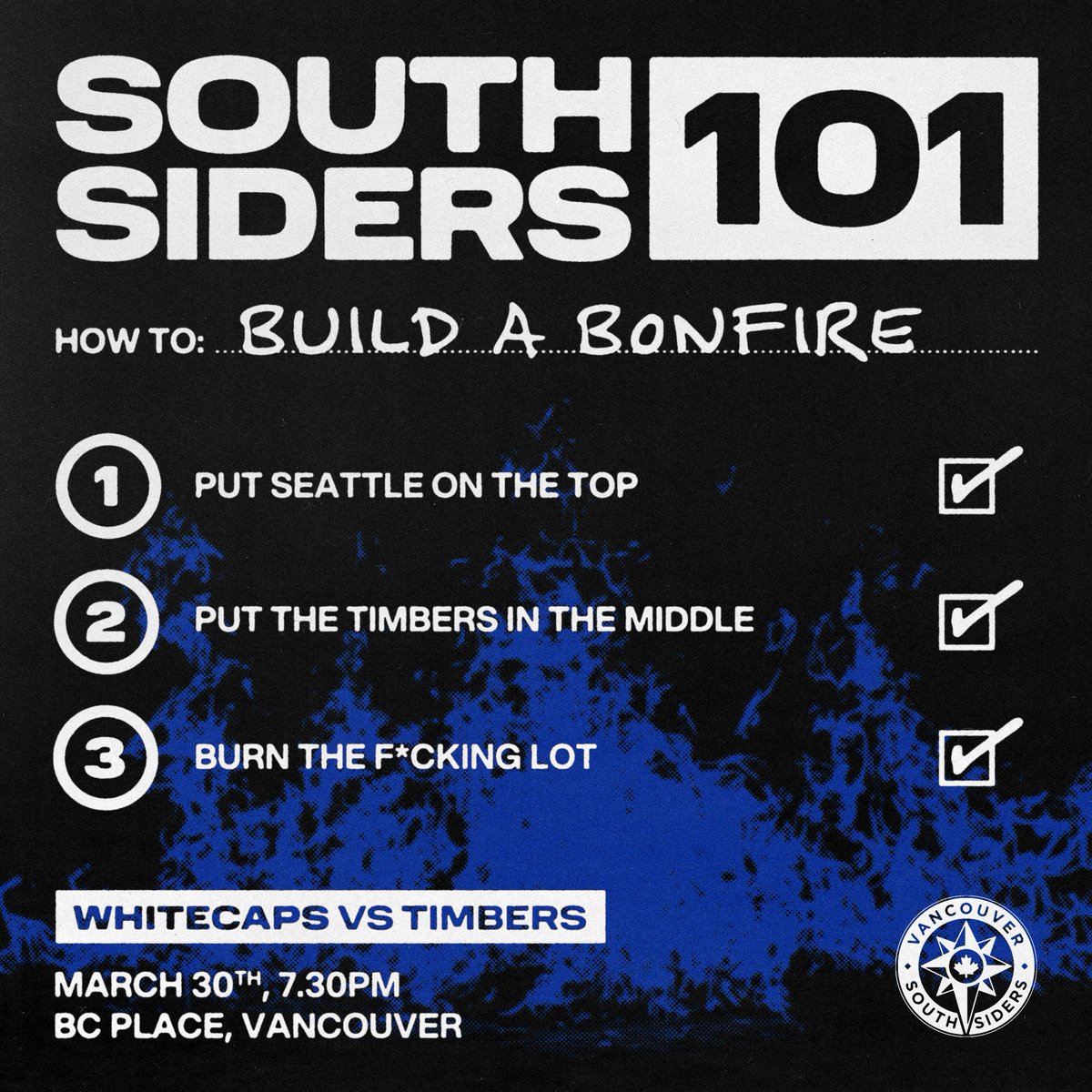 Bonfire time 🔥 A reminder that single GA tickets for our first Cascadia Cup clash against the Timbers are on sale! Find them on our website. vancouversouthsiders.ca/shop/matchtick… Get 'em fast, we're expecting a rocking GA section. #VWFC #VancouverSouthsiders