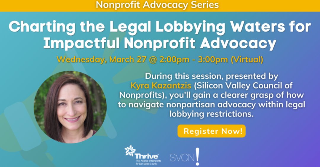 Learn how to leverage lobbying for your cause legally. Don't miss out on our Charting the Legal Lobbying Waters for Impactful Nonprofit Advocacy workshop on Wednesday, March 27, from 2:00-3:00 pm. RSVP here: tinyurl.com/yzeryuc2