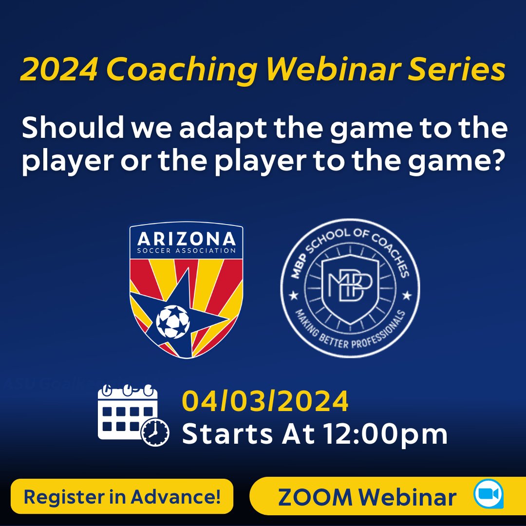 📢 Attention coaches! Join us for an insightful webinar presented by MBP School of Coaches on "Should we adapt the game to the player or the player to the game?" Register in advanced. April 3, 2024
azsoccerassociation.org/mbp-school-of-…