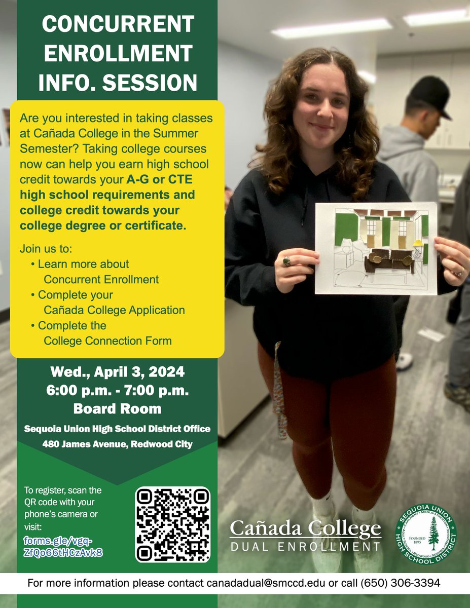 Learn about taking summer courses at @CanadaCollege at our concurrent enrollment information session next Wednesday, April 3 from 6:00-7:00 PM! Register: forms.gle/Lk2P17tswU2SbJ… #WeAreSUHSD