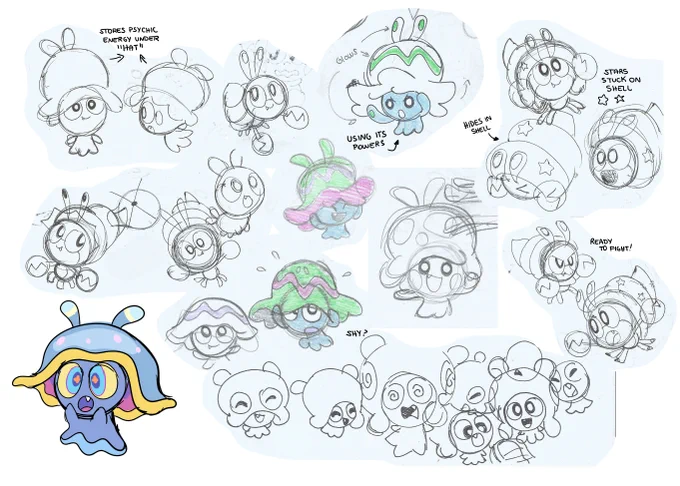 concept art for my fakemon slug line! if anyone's interested in my design process

in an early version it was a crab, and also evolved to be a psychic type. but the big brain looked a little too silly lol
middle evo came together pretty quickly 