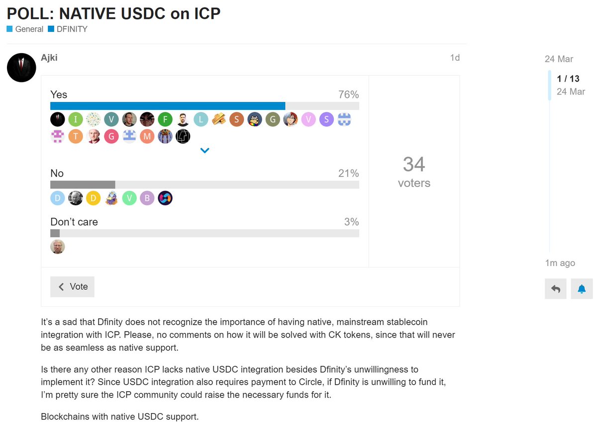 $ICP friends, there's a discussion about native USDC integration on the forums.

Go engage and show @DFINITY how much this is needed.

It's been 3 years without a stable coin.

And no, I don't care about ckUSDC, having native stables is superior.