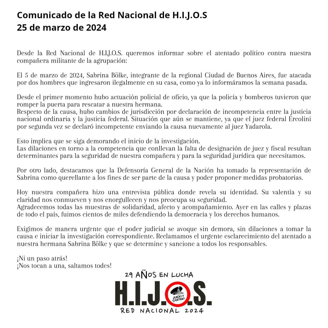 Desde la Red Nacional de H.IJ.O.S compartimos el siguiente comunicado con respecto a la situación en la que se encuentra la denuncia por el atentado del que fue víctima nuestra compañera. 👇