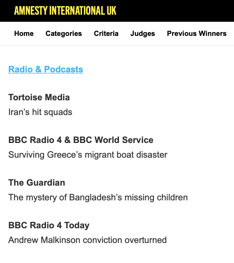 Our @BBCRadio4 & @bbcworldservice documentary on the Greek shipwreck last summer has been shortlisted at the @amnesty Media Awards. As many as 650 people are feared to have died. Nearly a year on - and still no independent, international investigation. amnesty-media-awards.org.uk/amnesty-media-…
