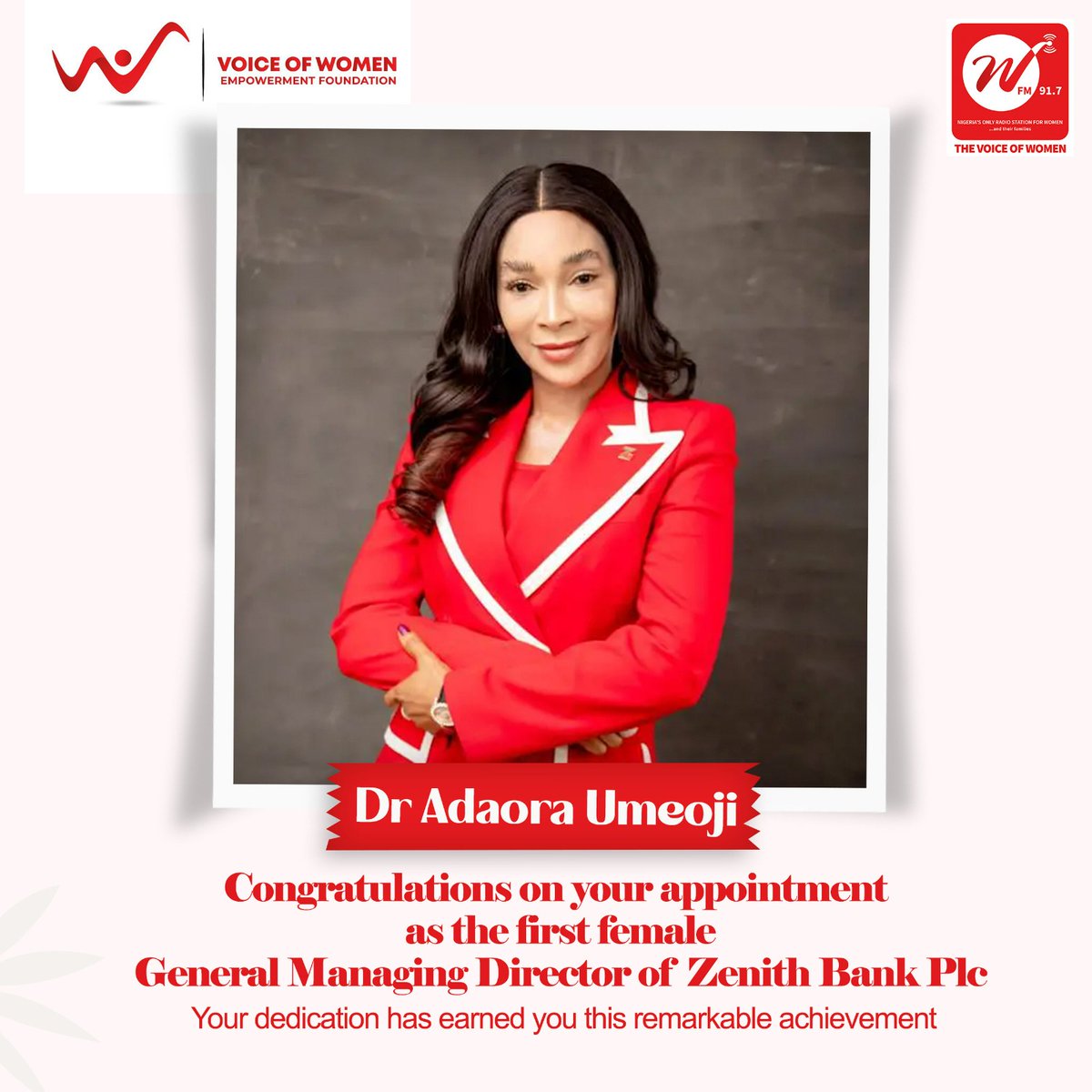 Join us in celebrating @AdaoraUmeoji0 as she steps into the role of the first female Managing Director at @ZenithBank Her appointment marks a historic moment, paving the way for more women in leadership. #WomenInFinance #ZenithBankPioneer #FemaleEmpowerment