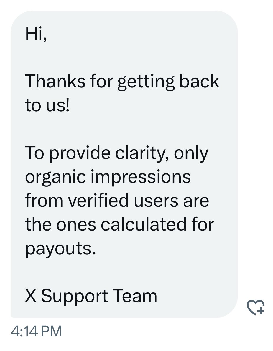 monetization_x's tweet photo. No, you do not get paid for ad clicks! 

It’s time to put this myth to rest once and for all.

Almost hourly, someone asks me “which do we get paid for: ad impressions or ad clicks?”

They claim the ‘link clicks’ data in our analytics is actually ‘ad clicks,’ which itself is a dubious claim.

The literature provided from 𝕏 has always said we get paid for verified user ad impressions in the replies to content we post. 

(That now also applies to ads on our profiles, as well. But we won’t get into that here.)

Yet, for some reason, some users keep spreading the myth that users must “click ads” to earn ad revenue.

So, you know me.. I did some research.

✅ Exhibit A

The Premium subscription benefits clearly say:

“Get a share of the revenue generated from verified accounts’ organic impressions of ads displayed in replies to content you post on X.” (See screenshot)

✅ Exhibit B

I asked Premium. 

They said “To provide clarity, only organic impressions from verified users are the ones calculated for payouts.” (See screenshot)

✅ Exhibit C

This one should put the nail into the link/ad click coffin. 

I ran the numbers on one of my monetized accounts and looked for a correlation. 

The results were damning:

In one payout period, I got 118 ‘link clicks’ and a payout of $52.14. The VERY NEXT pay period, I got 1,100 ‘link clicks’ and earned $52.71. 

That’s an almost 10x increase in clicks, but virtually zero increase in payout. That, itself, proves there is no correlation.

🔥 Next time someone tells you users need to click your ads for you to earn, please tell them “Monetization Coach™ disproved that. We only earn from verified user ad impressions.” 🔥

Copyright © 2024 Monetization Coach™ All Rights Reserved