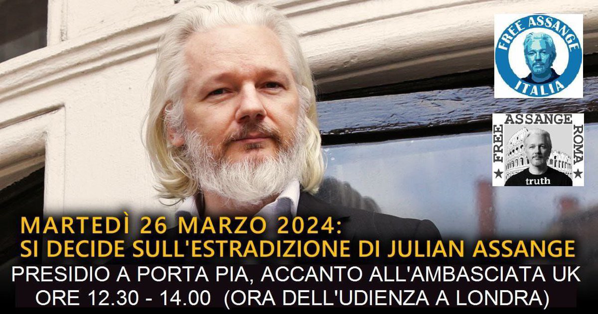 URGENTE❗️ VI ASPETTIAMO domani dalle 12:30 alle 14:00 a #PortaPia nei pressi dell'Ambasciata Britannica a #Roma dove insieme aspetteremo il pronunciamento dell'Alta Corte di Londra sull’estradizione o meno di Julian #Assange negli USA. UNIAMO LE FORZE IN QUESTA MOBILITAZIONE‼️