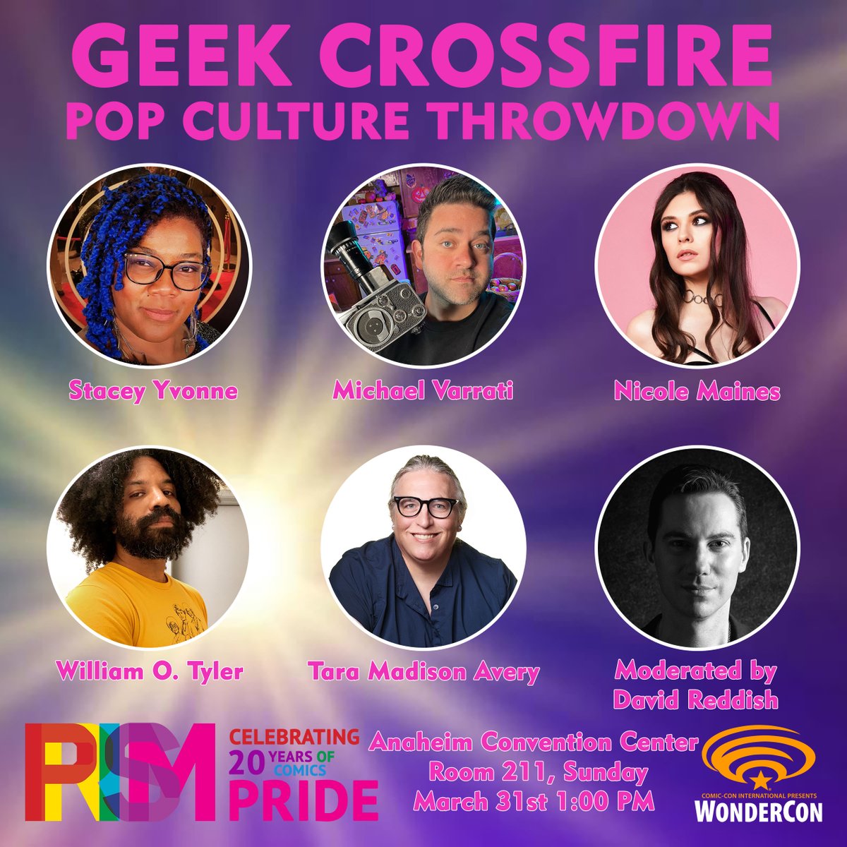 Don't miss Geek Crossfire: Pop Culture Throwdown Sunday March 31 at 1 PM at @WonderCon! See @StickyKeys, @MichaelVarrati, @NicoleAMaines, @WilliamOTyler, @TaraMAvery, and @TheGayMagneto give the hottest takes on all the TV, movies, and comics queer geeks love!