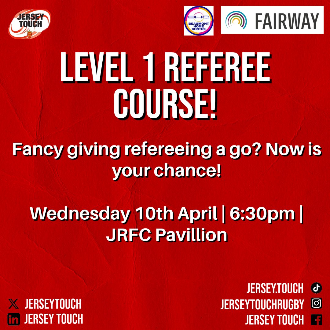 Sign up now to our Level 1 Referee Course, which is being run by our very own Geoff! 

This is mandatory for those who wish to represent Jersey Touch at TWC. 

To sign up, email our Director of Referees, Ruth on referees@jerseytouch.org 

#referee #touchrugby #jta #jerseytouch