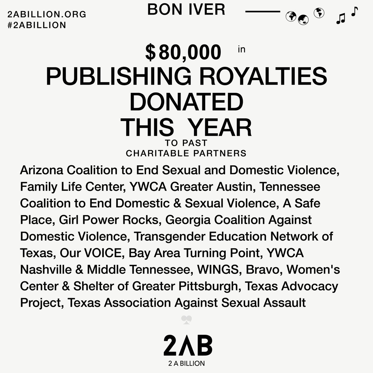 Continuing the band's 5% pub royalty initiative, Bon Iver is donating to these 2AB partners

@ACESDV @FLCFlagler @YWatx @TNCoalition @girlsRnot4sale @GirlPowerMiami @gcadv @TransTexas @OurVOICEnc @batp_texas @YWCANashville @texaswings @BRAVOAVP @wcspittsburgh @txadvproject @TAASA