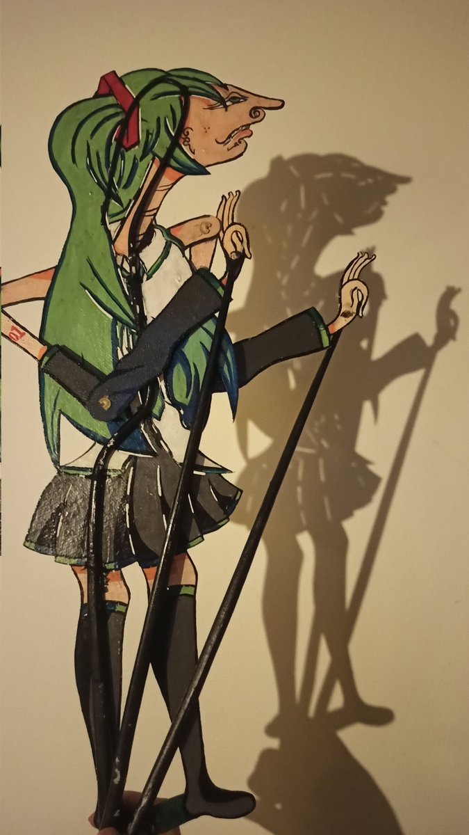 I posted about her before but a custom-made wayang (shadow puppet) miku!!