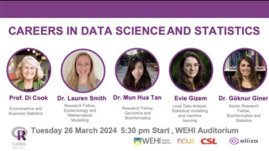 Careers in Data Science and Statistics - Hosted by RLadies Melbourne Tuesday 26th March, 5:30pm WEHI, Parkville Event link: meetup.com/rladies-melbou… cc @WEHI_research