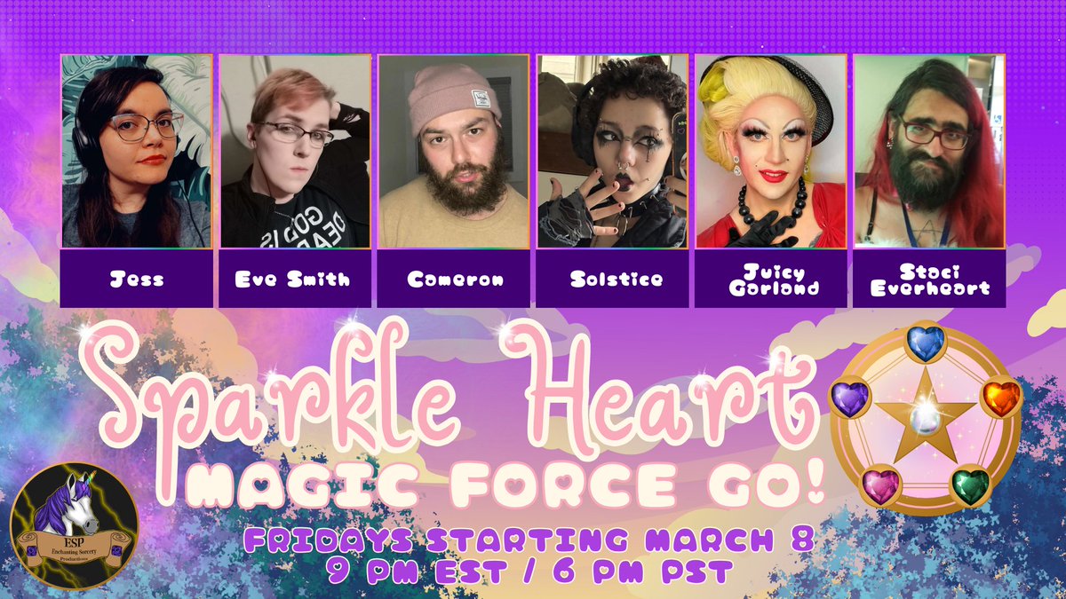 FRIDAY (May17) 6pm PDT, tune into @espttrpg ( twitch.tv/enchantingsorc… ) for Episode EIGHT of Sparkle Heart Magic Force Go!, a campaign of Thirsty Sword Lesbians by @GaySpaceshipGms GMed by me with a lovely cast including @JuicyGarland & @art_fantastical, produced by @shutupsara