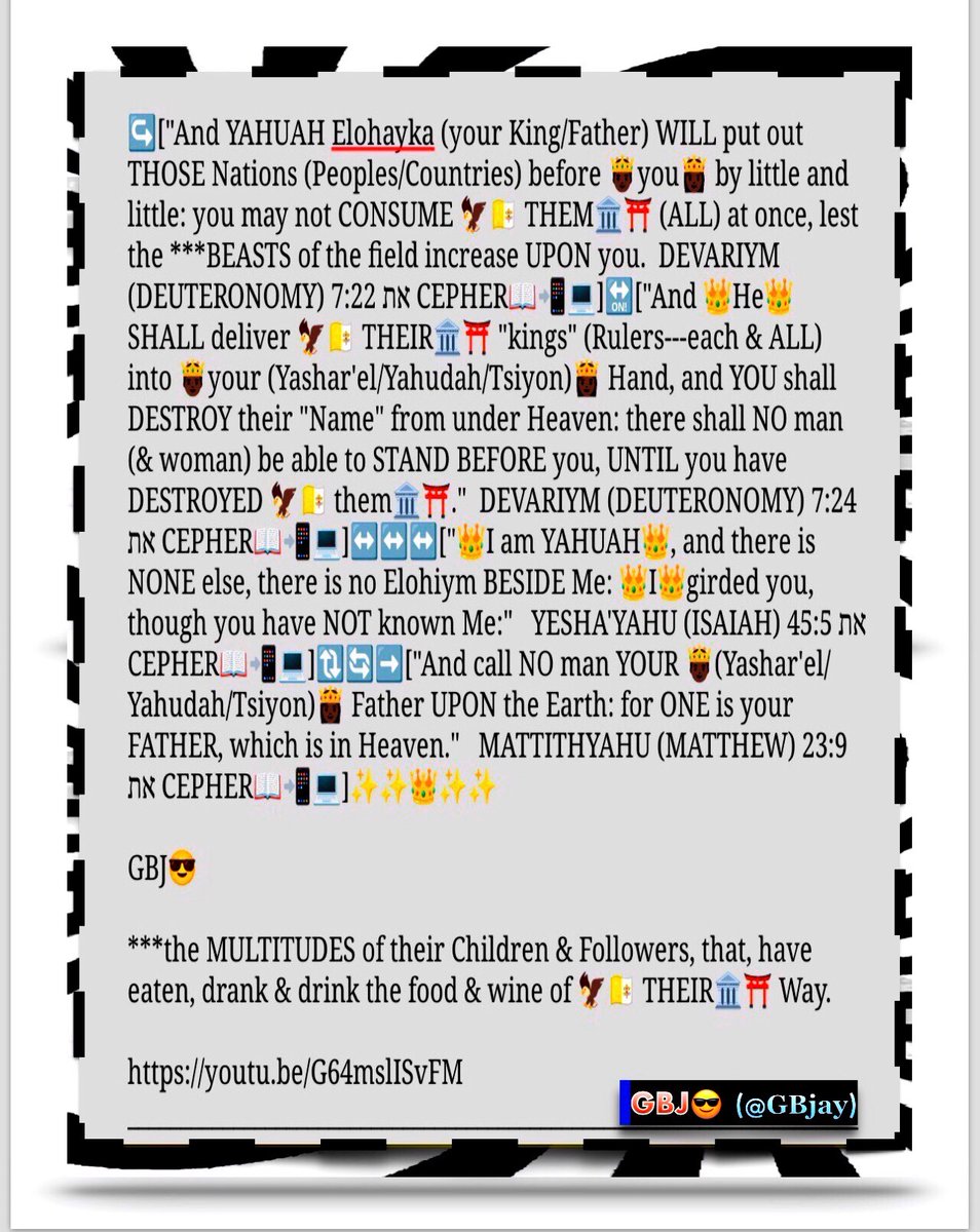 gbjay's tweet image. 🗿youtu.be/G64mslISvFM ...U 🦅🇻🇦yourselves🏛⛩️ BE #conscious of it; for t/ 👑Creator👑 will #remember Ur #DESTRUCTION, t/ #Angels #rejoice over it.  Where will U 🛫#fly🛩 during "Ur" #Judgment, 4 ALL U #wronged  (ENOCH) 97:2 את CEPHER📖📲💻? ---GBJ😎 #KTC #APTTMH #MHOE #YAH↩️