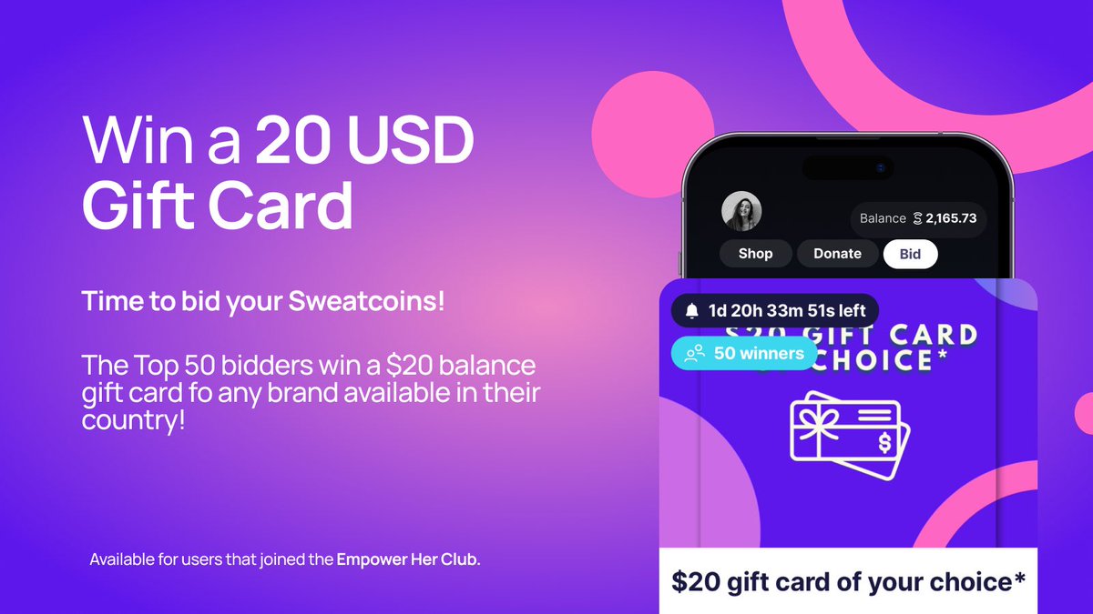 ✨ Exclusive ✨ auction for users that joined the Empower Her club! The top 50 bidders win a $20 balance gift card 🎁 which can be used towards any brand 🛍️ that is available in their country! Link: fgjq.adj.st/auctions/43787…