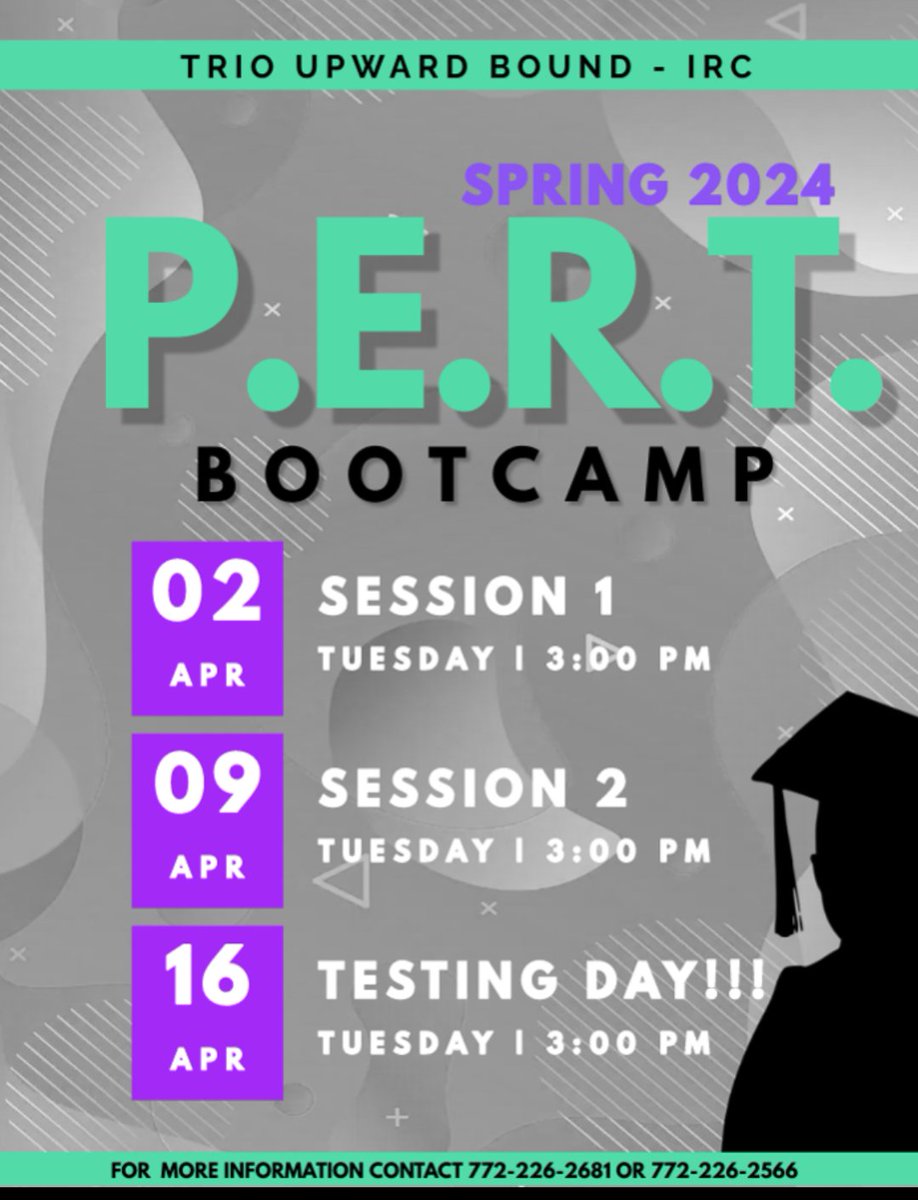 PERT Boot Camp: We want our students to take advantage of Dual Enrollment, and in order to do so, students have to pass the PERT exam. Please plan to attend the upcoming boot camp sessions, April 2 and April 9th, then sit in our 'TRIO group test' session on April 16th.