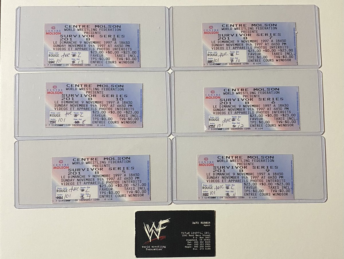 x6 ticket stubs from Survivor Series 1997 including a business card from Dave Hebner