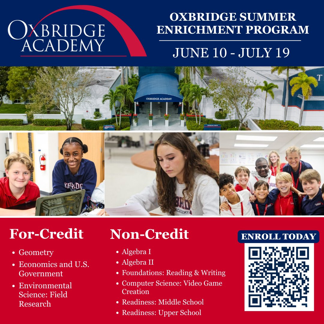 We are excited to announce the launch of the Oxbridge Academy Summer Enrichment Program, a unique opportunity for students to continue their learning journey during the summer months.  Visit bit.ly/oapbsummer to Enroll Today!