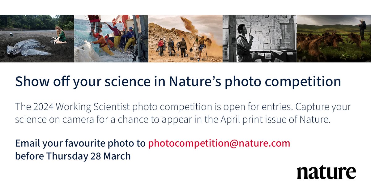The 2024 Working Scientist photo competition is open for entries. Capture your science on camera for a chance to appear in @Nature To enter, e-mail your favourite picture to photocompetition@nature.com. Enter before Thurs, 28 March 2024. 🔗 Full details: nature.com/articles/d4158…