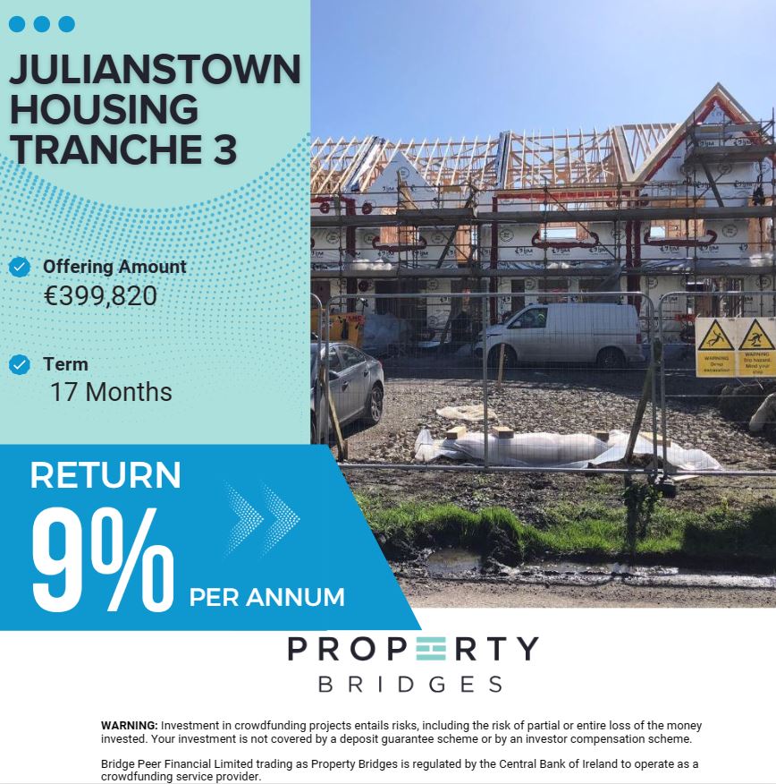 Julianstown T3 Live TOMORROW at 2pm! We will be raising €399,820 which will provide funds for the ongoing construction of 21 houses on the site. Investors can expect returns of up to 9% p.a. This offering has a 17-month term. propertybridges.com #P2P