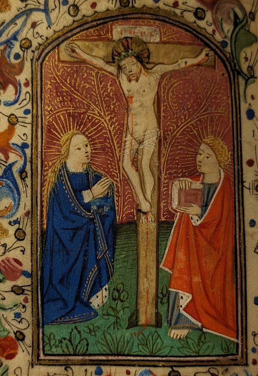 This Good Friday, we share a depiction of Christ's crucifixion, with Mary and John from MS Lat 252. It's taken from 'Hours of the Virgin' a tiny medieval manuscript made in France and Italy in the 15th Century. The book measures 85mm by 65mm.