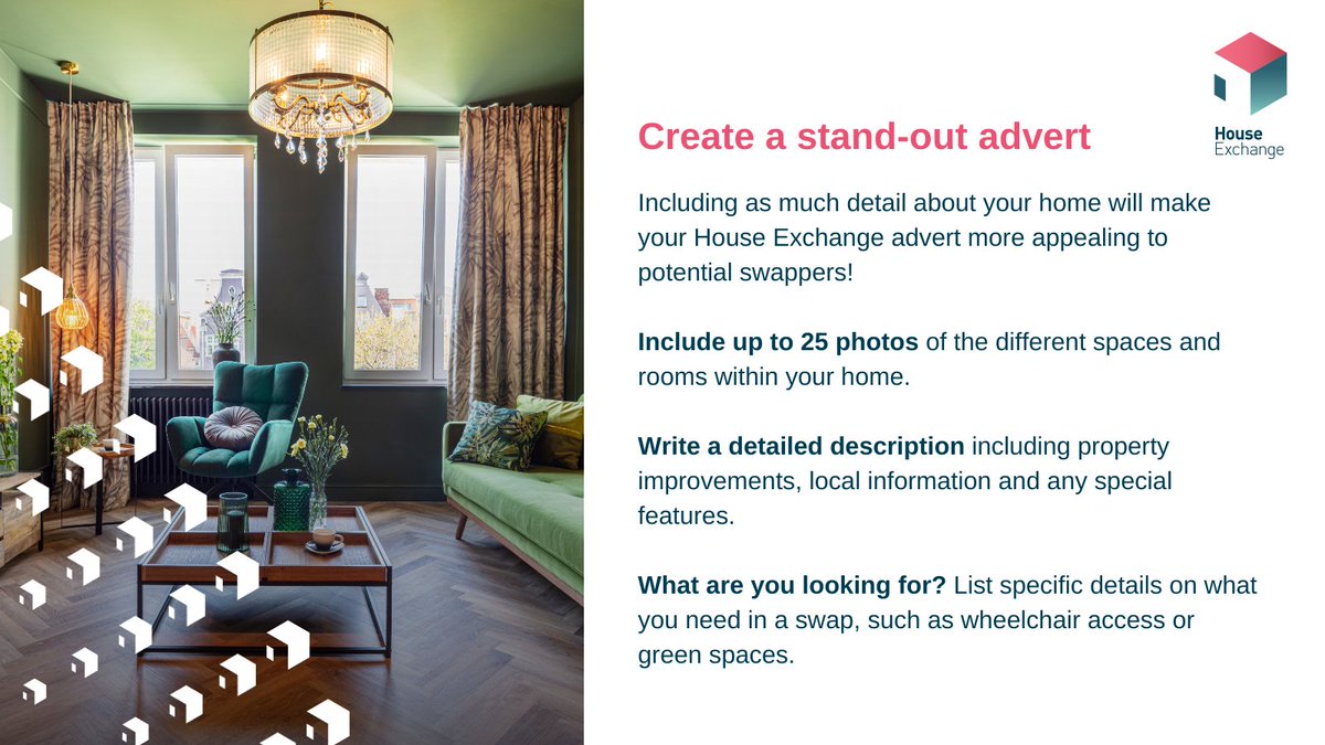 Want to improve your matches on House Exchange?

Here are quick tips on how you can create a standout advert of your property!

Further advice can be found at: houseexchange.org.uk/advice/mutual-…