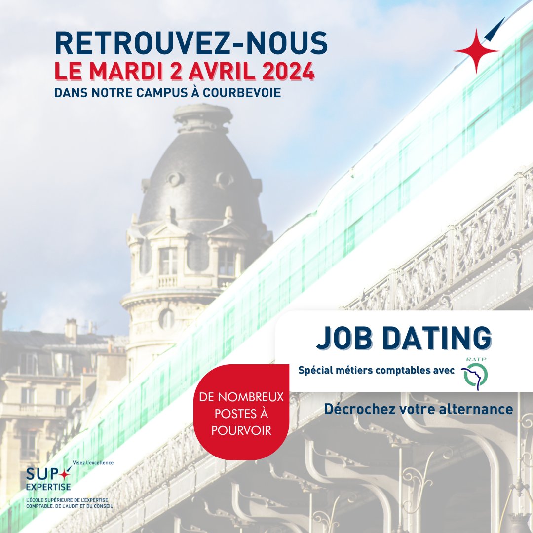 Sup'Expertise (@supexpertise) on Twitter photo 🚨 Annonce - offres d'#alternance 📢
𝗝𝗼𝗯 𝗱𝗮𝘁𝗶𝗻𝗴 𝘀𝗽é𝗰𝗶𝗮𝗹 <a href="/RATPgroup/">RATP Group</a>, #métiers de la #comptabilité et de la #gestion.
🗓️ mardi 2 avril 2024
⏱️de 14h à 17h
📍Campus de Courbevoie - 9 rue du Moulin des Bruyères, 92400 Courbevoie
#jobdating #offrealternance 🚨 Annonce - offres d'#alternance 📢
𝗝𝗼𝗯 𝗱𝗮𝘁𝗶𝗻𝗴 𝘀𝗽é𝗰𝗶𝗮𝗹 <a href="/RATPgroup/">RATP Group</a>, #métiers de la #comptabilité et de la #gestion.
🗓️ mardi 2 avril 2024
⏱️de 14h à 17h
📍Campus de Courbevoie - 9 rue du Moulin des Bruyères, 92400 Courbevoie
#jobdating #offrealternance