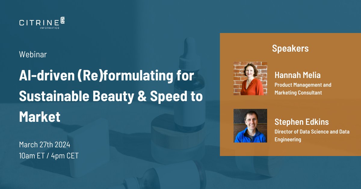 Citrine_io's tweet image. Don&apos;t forget to register for Wednesday&apos;s webinar, AI-driven (Re)formulating for Sustainable Beauty &amp;amp; Speed to Market! #webinar #citrineinformatics #personalcare #skincare #beautyproducts #ai #ml
hubs.ly/Q02qsHGL0
