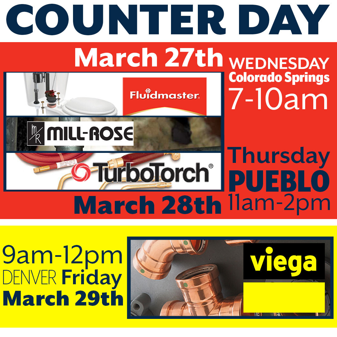 Counter Days this week // March 27th - 29th 2024

March 27th / 7-10am / COS ==> @Fluidmaster, Turbo Torch, & MILL_ROSE's Counter Day

March 28th / 11am-2pm / PUE ==> @Fluidmaster, Turbo Torch, & MILL_ROSE's Counter Day

March 29th / 9am-12pm / DEN ==>  @ViegaLLC's Counter Day