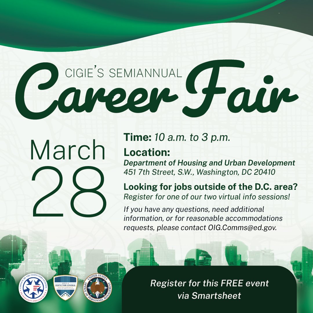 One Day. One Place. More than 30 employers. Discover your next great #career or #internship at the Council of the Inspectors General on Integrity and Efficiency’s Career Fair! Bring your ID and resume to this FREE fair on March 28 in Washington DC! ow.ly/8pxg50QInKY