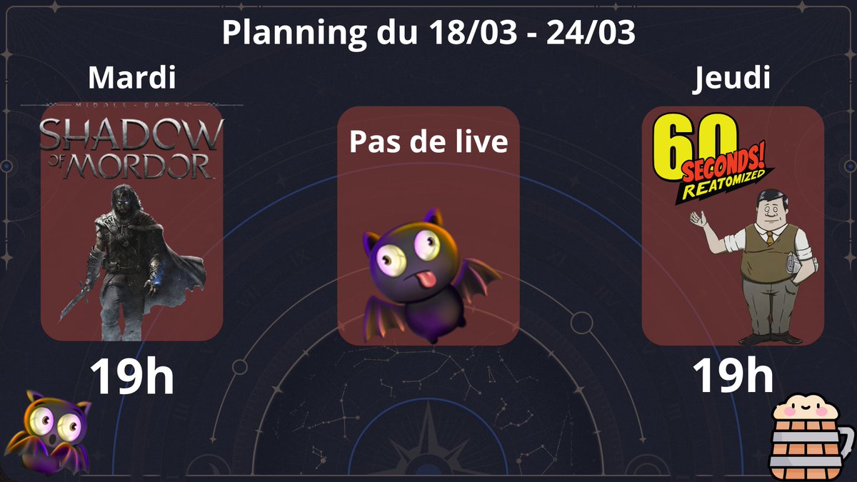 Ky0ren1's tweet photo. Hop petit planning pour cette semaine avant de faire troll et legendes 😁😁 je vais essayer de finir l'ombre du mordor et découvrir le beau monde de 60 second! #planningstream #TwitchStreamers https://t.co/A6V9mto3RK