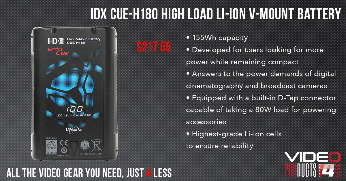 The CUE-H180 V-Mount battery from @idxtek answers to power demands of digital cinematography and broadcast cameras!

#IDX #VP4L #CUEH180 #179Wh #battery #camerabattery #externalbattery #power #powersolution #LiIon #lithiumion #VMount #Dtap #filmmaking #videoproduction #highpower