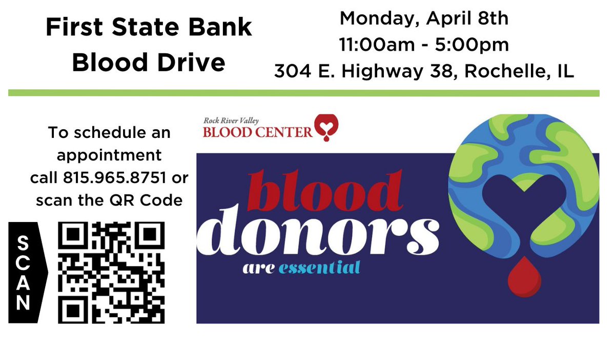 Our Rochelle branch will be hosting a blood drive on Monday, April 8th, from 11am to 5pm.  If you would like to give blood, please call Ashley Scarbrough at 815.562.2200, scan the QR code or follow the link:  RRVBC - Donor Portal

Member FDIC
#Comeseeyourfriends #helpsavelives