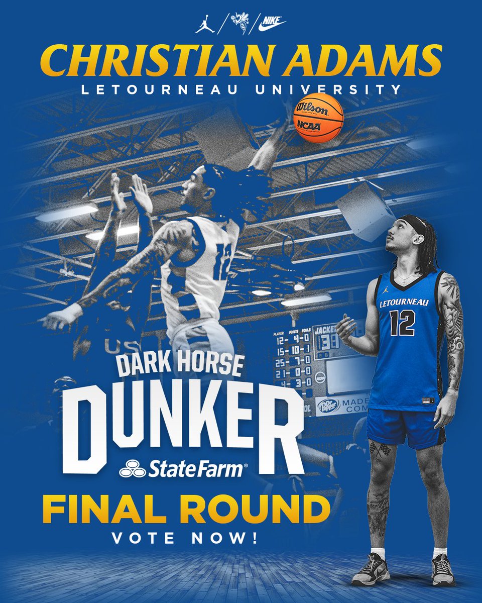 CHAMPIONSHIP ROUND! Help @ChristianAdams_ get to Phoenix for the @CollegeSLAM Dunk Contest! VOTE TODAY! #d3hoops #d3dunks #LeTourneauBuilt #LETUBrotherhood