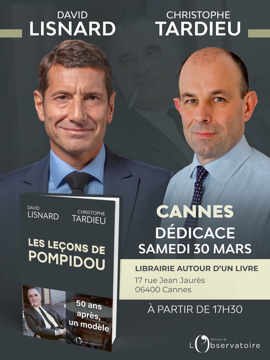 📘 Cannes : @davidlisnard et @TardieuCh dédicaceront leur nouveau livre, « Les leçons de Pompidou », samedi 30 mars à la librairie cannoise « Autour d’un livre » ! À partir de 17h30.