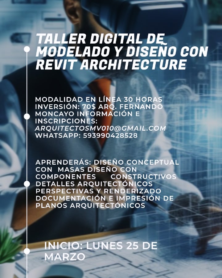 FernandoMSarq's tweet image. 📍Hola voy a dictar un taller de modelado en #AutodeskRevit vía online, inicia hoy a las 6pm, aún tengo 2 cupos, si están interesados me envían un mensaje para inscribirse.
Será un gusto compartir lo que sé con ustedes. 🖥️⚒️ #arquitectura